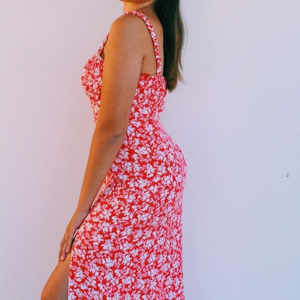 Cute Red Midi Floral Dress with Slit
